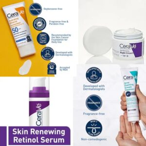 CeraVe Skincare Combo Kit cerave complete skincare combo kit – sunscreen spf 50, acne cleanser, retinol serum & night cream